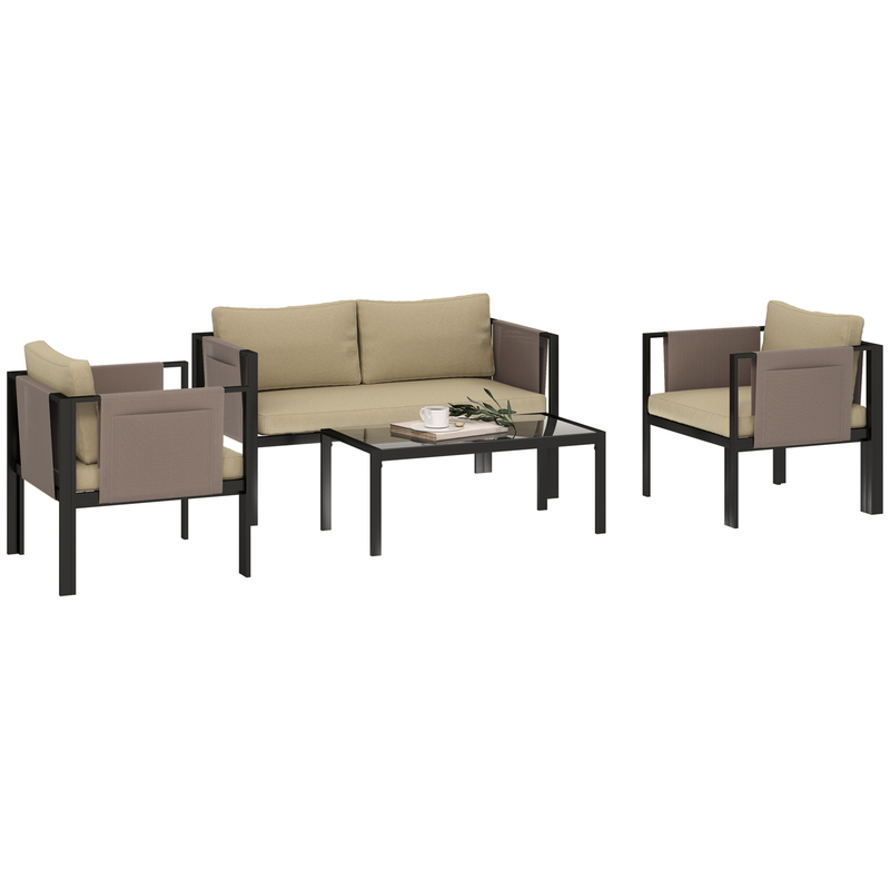 Outsunny 4 Piece Garden Sofa Set With Tempered Glass Coffee Table - Khaki