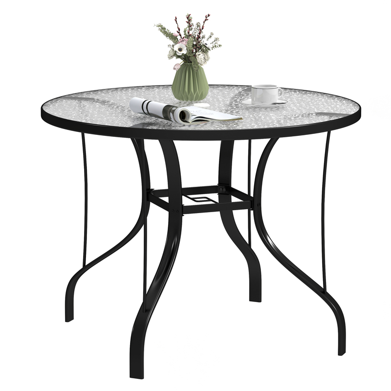 Outsunny Plastic-coated Metal Garden Dining Table With Tempered Glass Top & Parasol Hole - 96.5 X 96.5 X 71 Cm