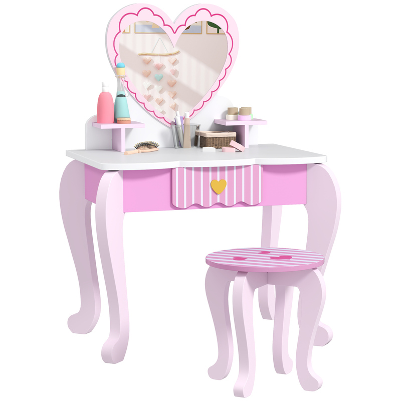 Aiyaplay Heart Design Kids Dressing Table Set With Stool - Safe Acrylic Mirror, Storage Drawer