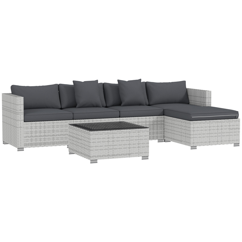 Outsunny 6 Piece Rattan Garden Sofa Furniture Set Mixed Grey With 5mm Tempered Glass Coffee Table
