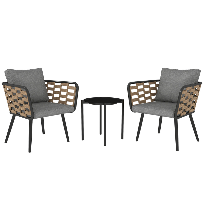 Outsunny 3 Piece Pe Rattan Bistro Set With Cushions Tempered Glass Coffee Table