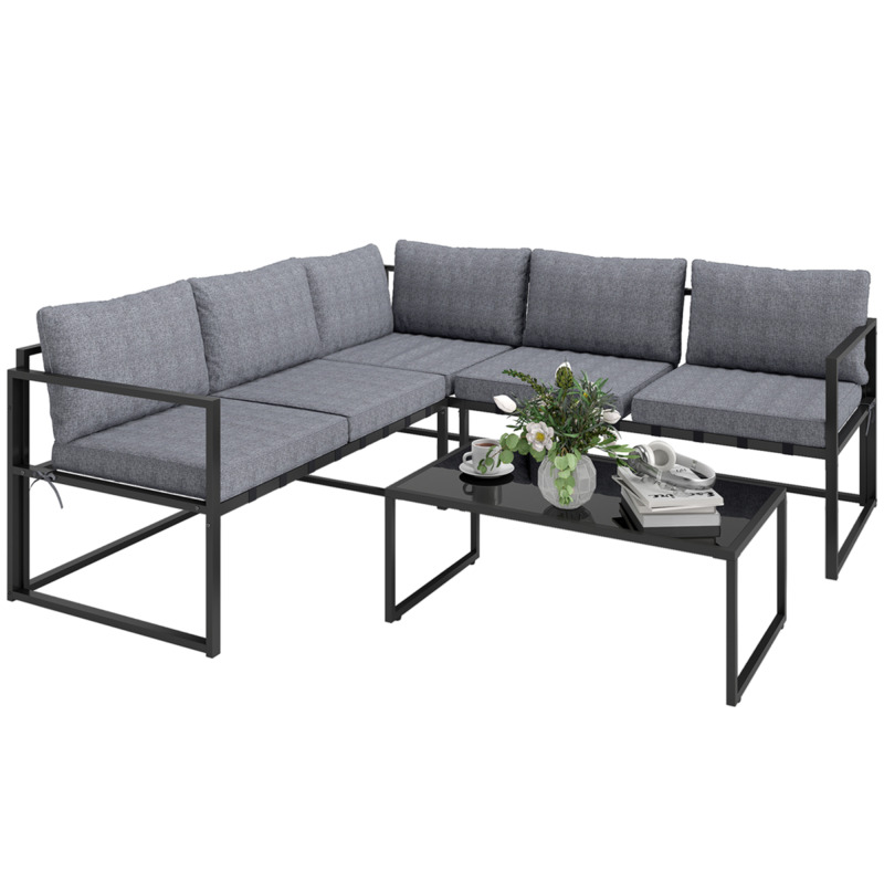 Outsunny Grey L-shaped Outdoor Furniture Set With Cushions Tempered Glass Coffee Table