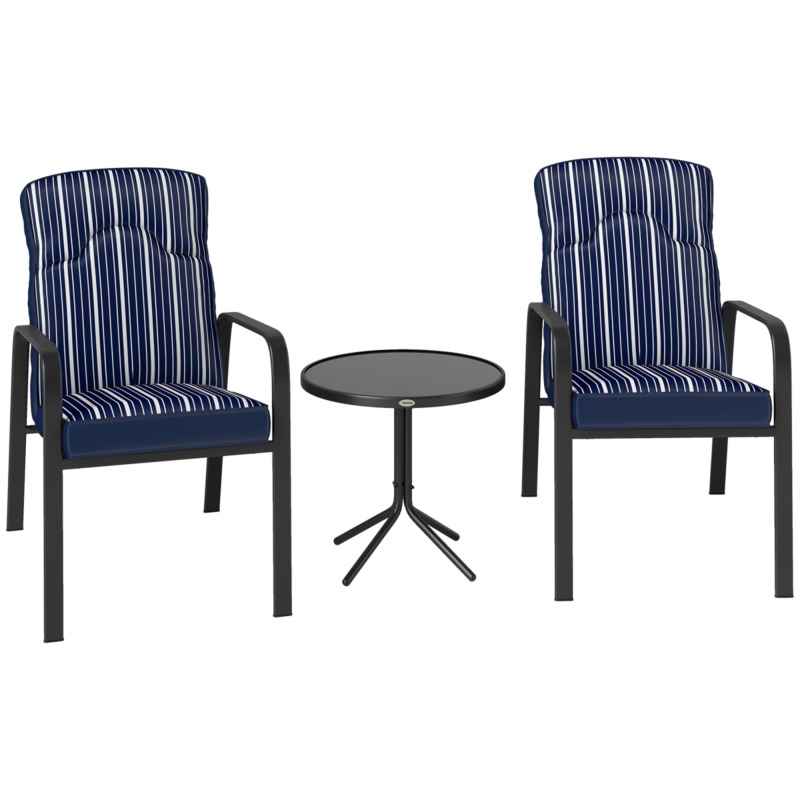 Outsunny 3-piece Recliner Garden Set - Blue 5-position Adjustable Chairs With Tempered Glass Table