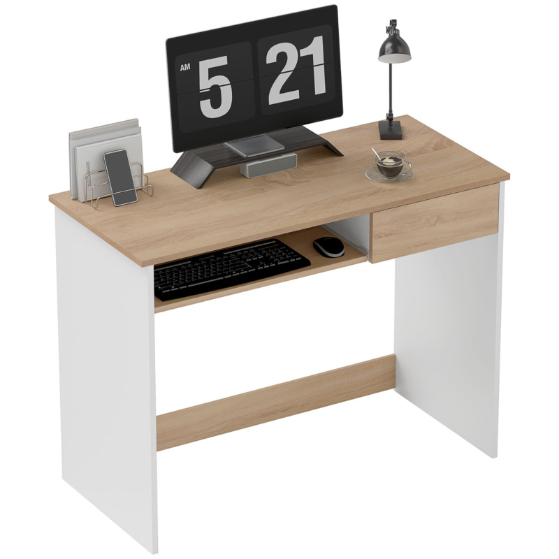 Homcom Oak-effect Particle Board Compact Computer Desk With Keyboard Tray Drawer