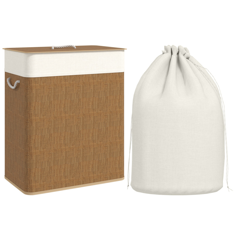 Homcom Bamboo-look Laundry Basket With Lid, 100l Dual Compartment Washing Basket For Bathroom