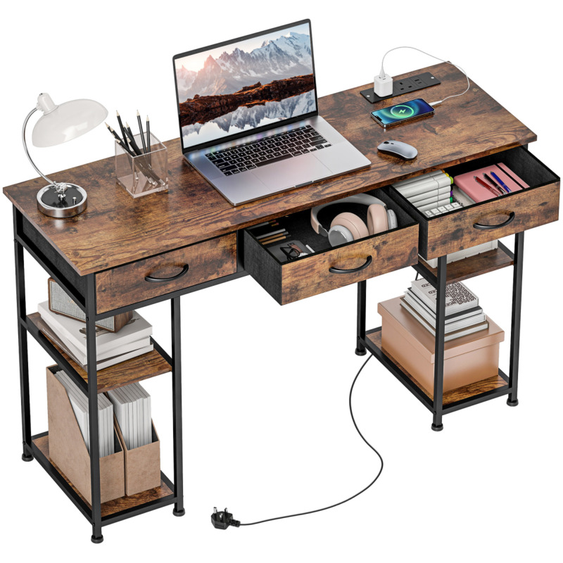 Homcom Computer Writing Desk With Integrated Power Hub 3 Fabric Drawers - White