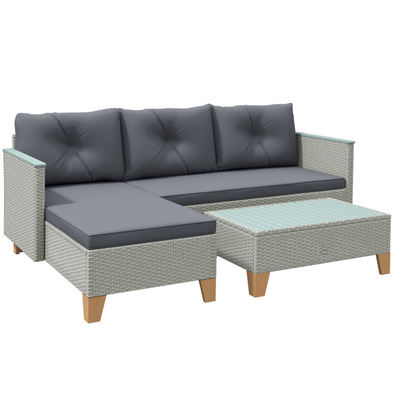Outsunny Pe Rattan L-shaped Garden Sofa Set With Acacia Wood Coffee Table - Grey