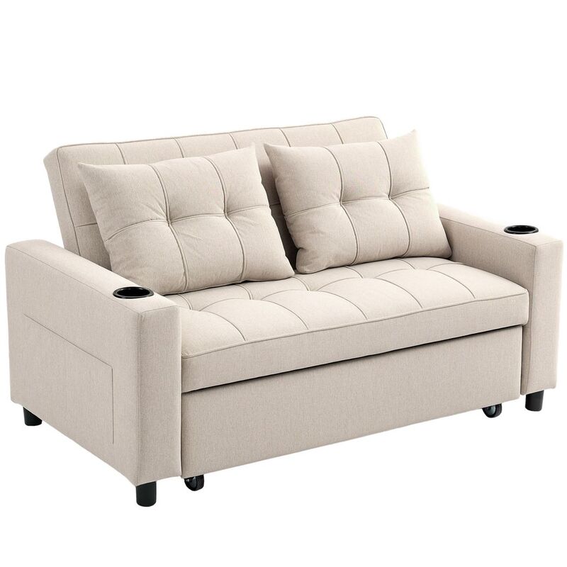 Homcom Linen-look 2 Seater Sofa Bed With Side Pockets & Cup Holders - Beige