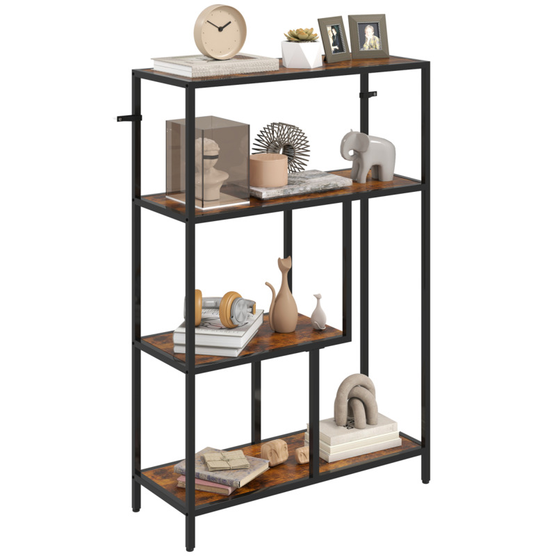 Homcom Industrial Asymmetrical 4-tier Bookshelf Bookcase - Wood Effect & Black, 70cm X 24cm X 150cm