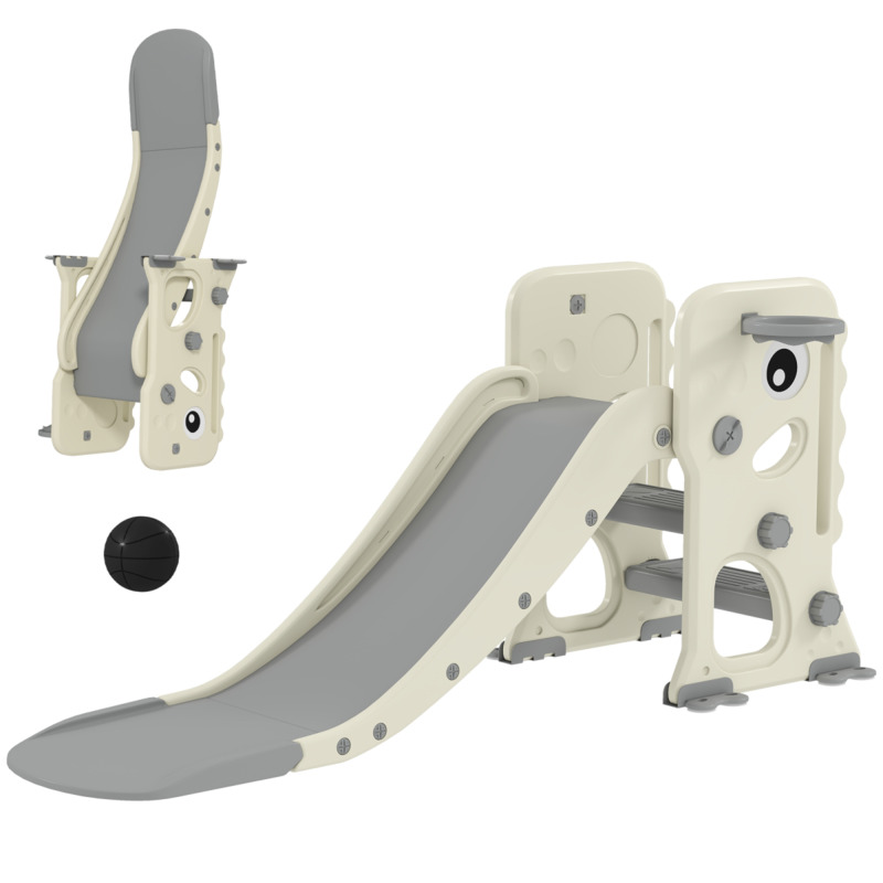 Aiyaplay Foldable Kids Slide With Climber & Basketball Hoop - Cream White