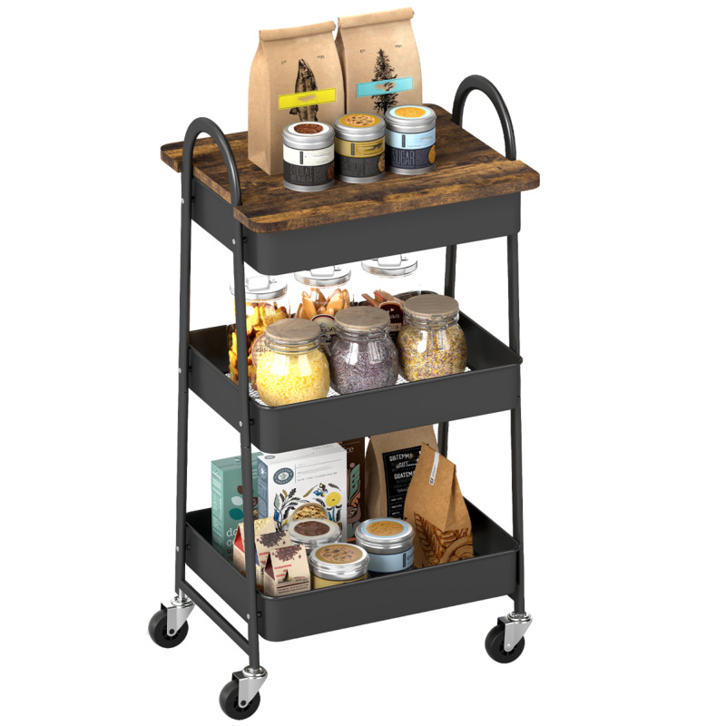Homcom Metal & Particleboard Rolling Utility Cart With Mesh Baskets