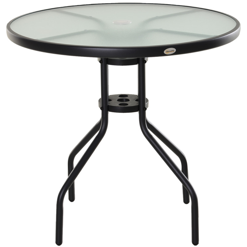 Outsunny 80cm Round Outdoor Dining Table With Tempered Glass Top & Parasol Hole For Garden Patio