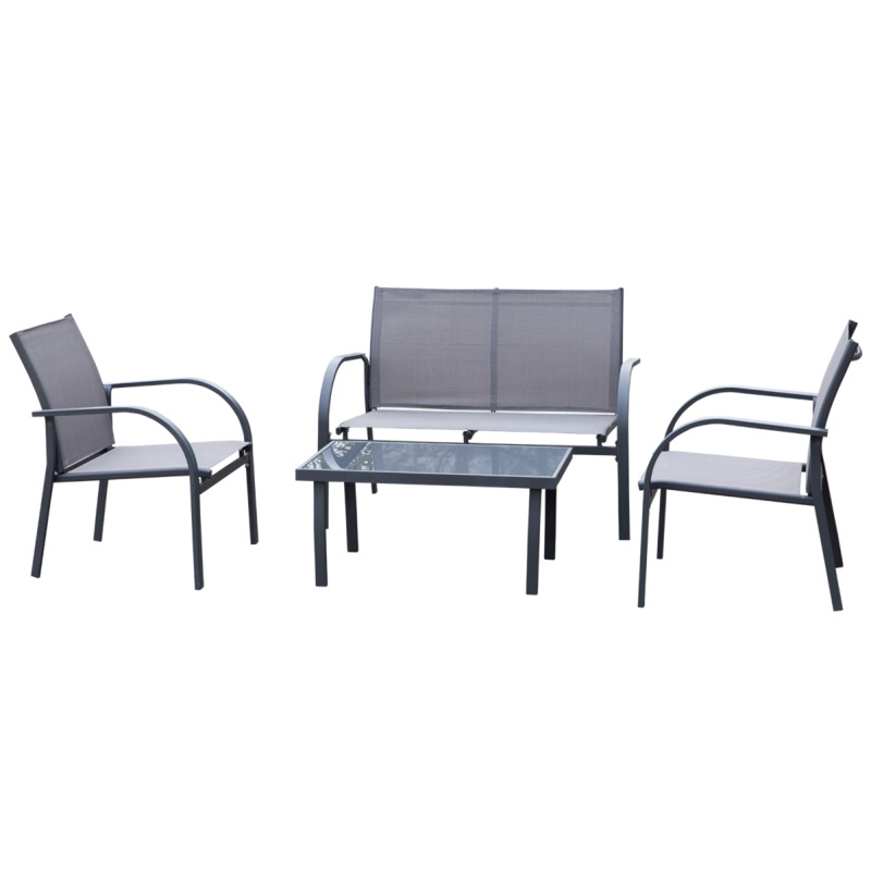 Outsunny 4-piece Grey Dining Set With Loveseat 2 Chairs Glass Top Table For Garden