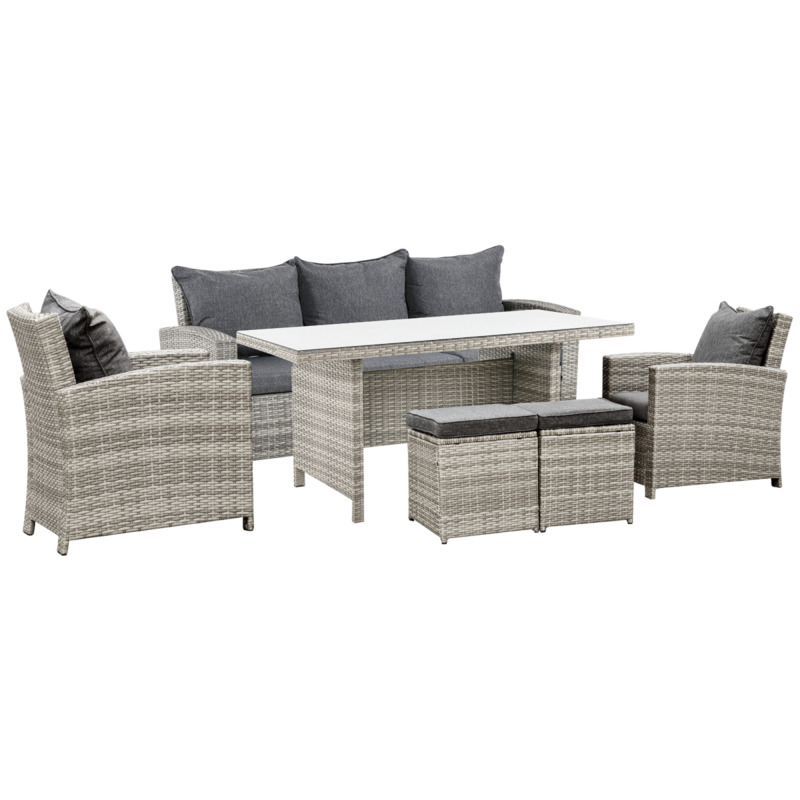 Outsunny Rattan Garden Furniture Set - 6 Piece Sofa Table Footstool With Cushions
