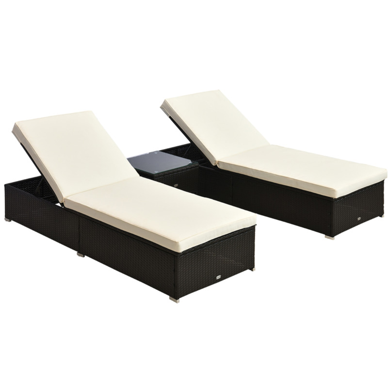 Outsunny 3-piece Rattan Lounger Set - Deep Coffee With Cream White Cushions