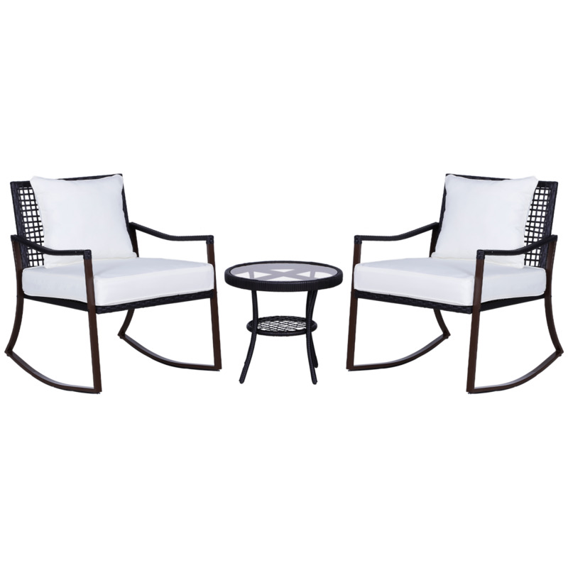 Outsunny Brown Wicker 3 Piece Rocking Chair Bistro Set With Cream Cushions
