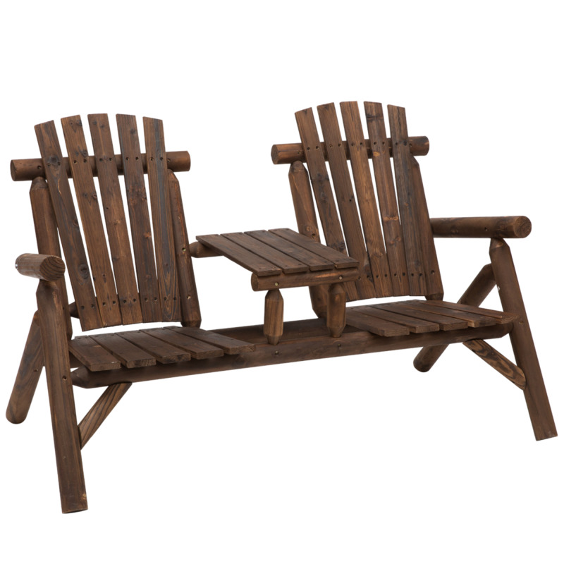 Outsunny Wooden Patio Bench For Two With Integrated Coffee Table - Garden Outdoor Seating