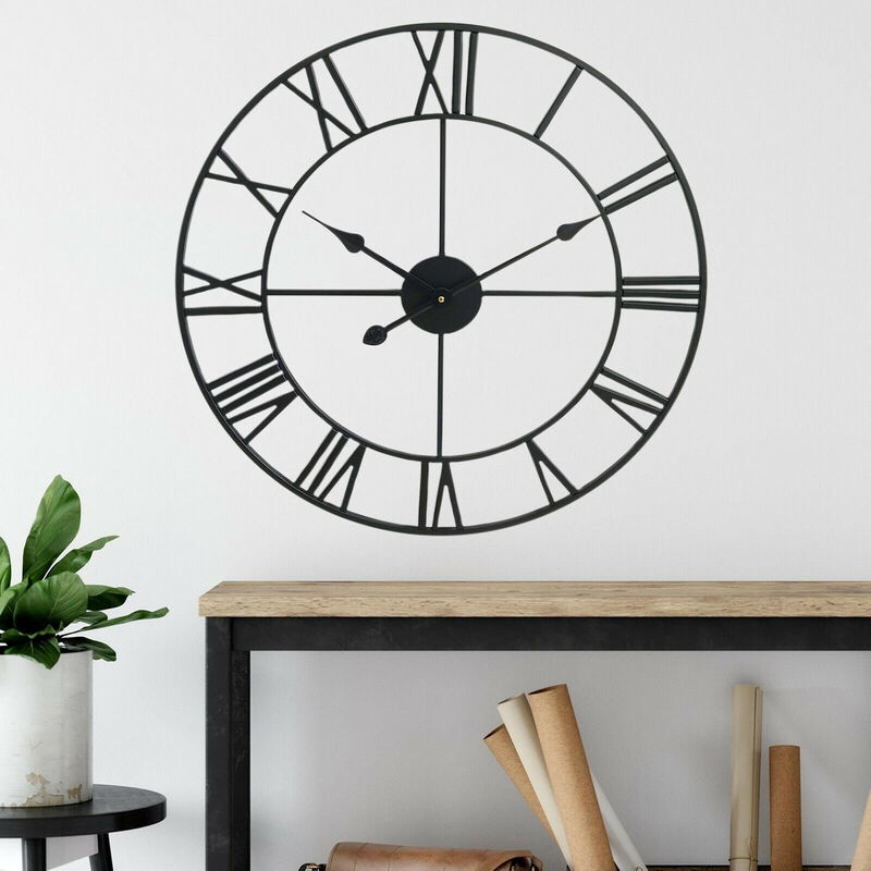 Metal Roman Numeral Wall Clock - 40cm Diameter, Matte Black, Silent Quartz Movement