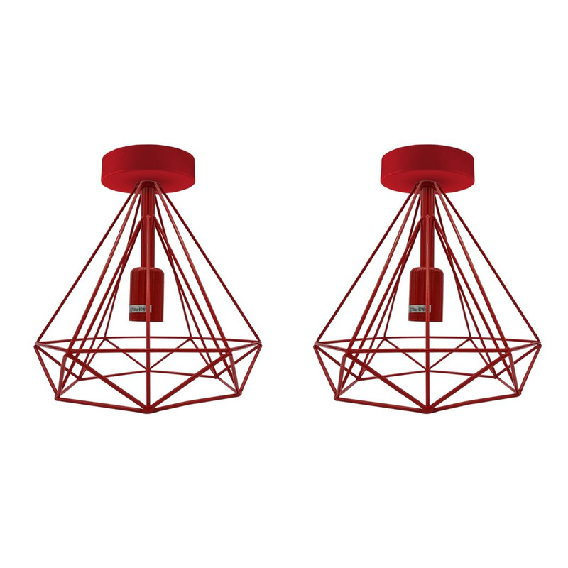 Vintage Metal Cage Flush Mount Ceiling Lights 2 Pack - Red, E27 Holder
