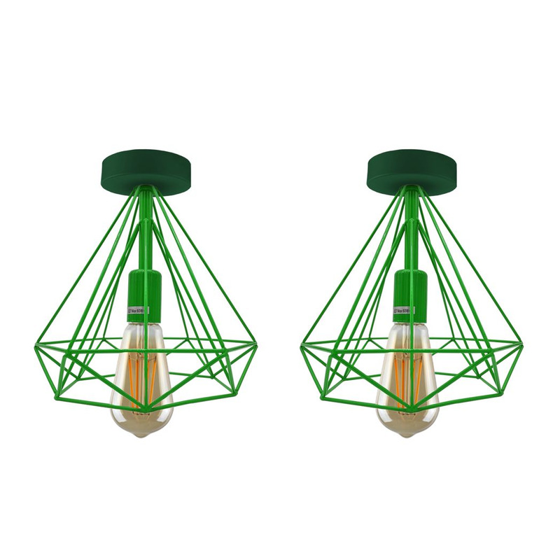 Vintage Flush Mount Ceiling Light Fixture 2 Pack Metal Cage Lampshade - Green, E27 Holder