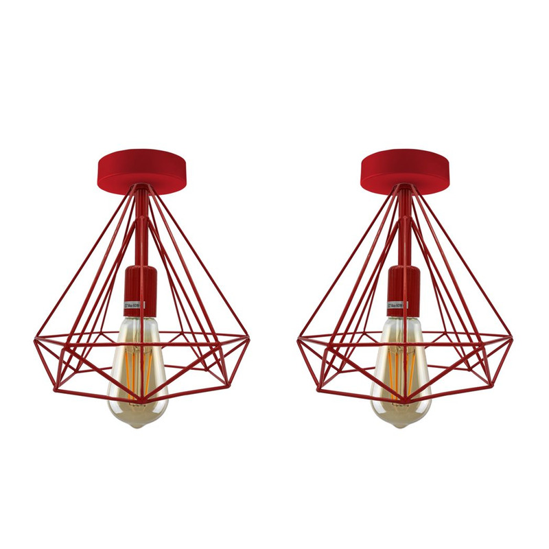 Red Vintage Industrial Flush Mount Ceiling Lights - Metal Cage, E27 Holder (2 Pack)