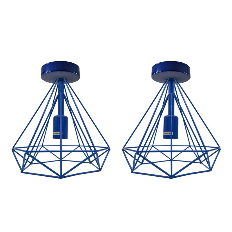 Vintage Flush Mount Ceiling Light Fixture Metal Cage Lampshade - Blue, E27 Fitting, 2 Pack