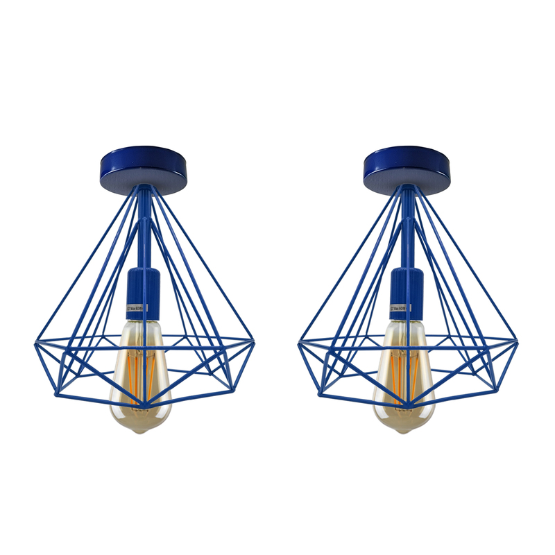 Vintage Metal Cage Flush Mount Ceiling Lights - Blue, 2 Pack, E27 Holder, Industrial Retro Fixtures