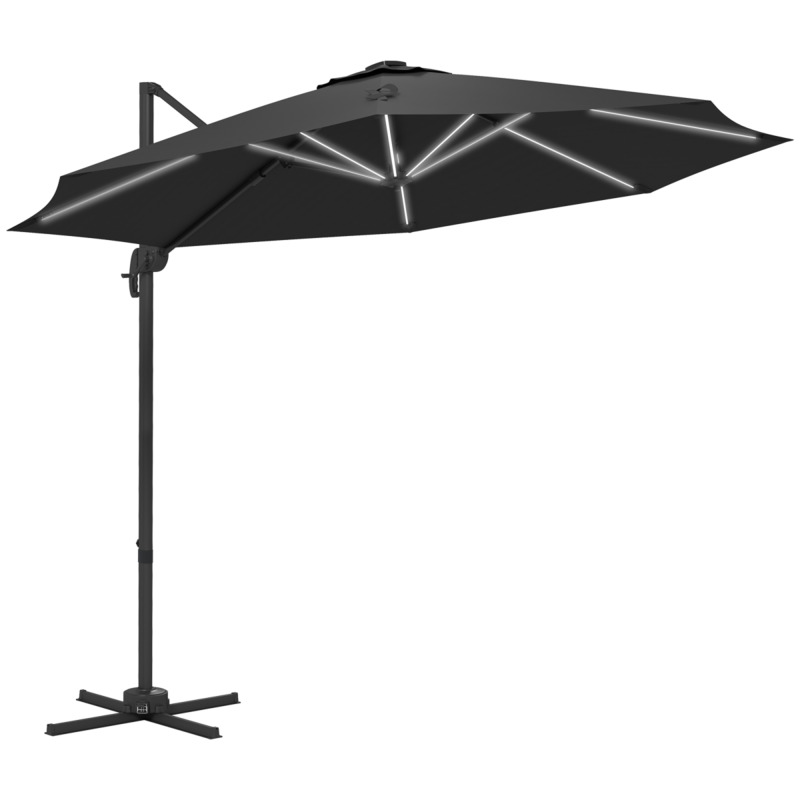 Outsunny 3m Cantilever Parasol Solar Led Umbrella - Dark Grey, Adjustable & Rotatable