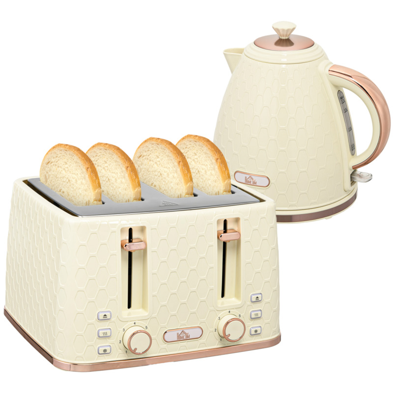 Homcom 1.7l Kettle & Four-slice Toaster Set - Beige Honeycomb Design