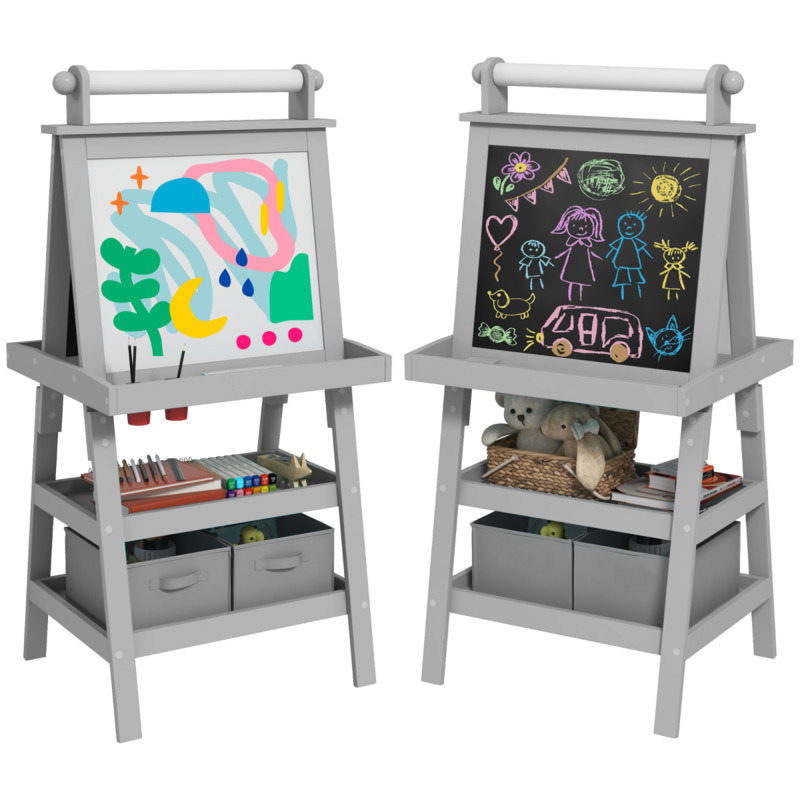 Aiyaplay Double-sided Art Easel For Kids W/ Magnetic Whiteboard & Blackboard - Includes Paper Roll & Storage Baskets