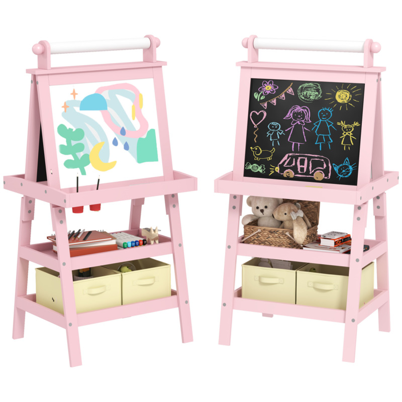 Aiyaplay Double-sided Art Easel With Magnetic Whiteboard & Blackboard, Paper Roll, Storage Baskets - Pink
