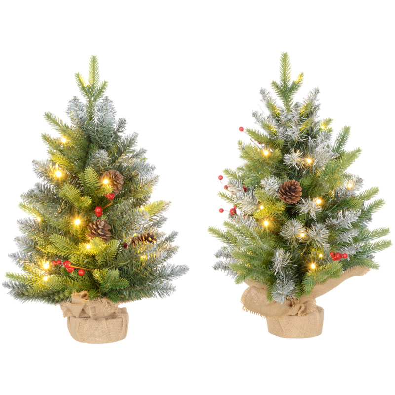 Homcom 2ft Snow-brushed Artificial Christmas Trees With Red Berries, Pine Cones & Led Lights - Set Of 2