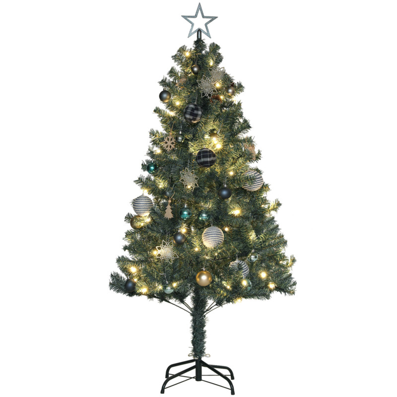 Homcom 5ft Artificial Christmas Tree With Warm White Led Lights & Blue Decorations, Flame-retardant, Pre-decorated
