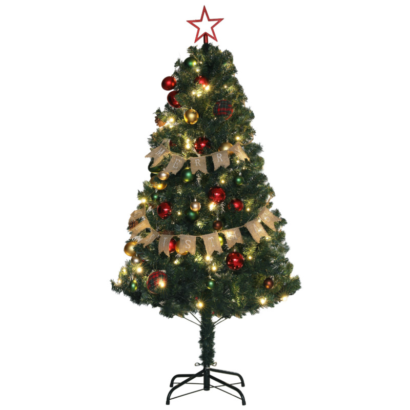 Homcom 5ft Pre-lit Artificial Christmas Tree With Led Lights, Pine Cones & Baubles - Flame-retardant, Warm White