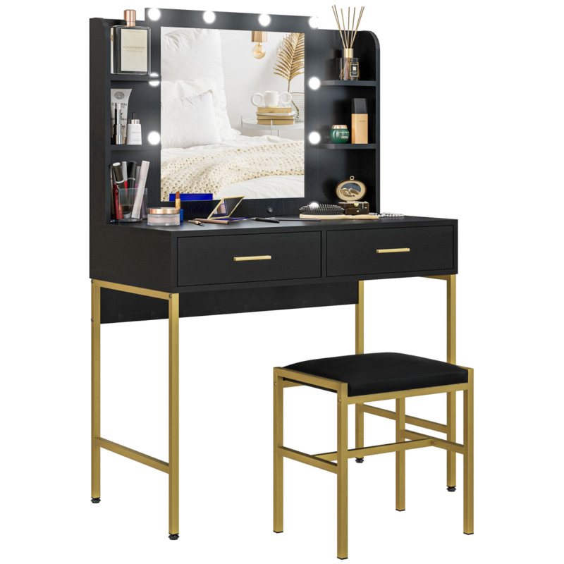 Homcom Lighted Makeup Vanity Desk Set With Hollywood Mirror & Stool - Black