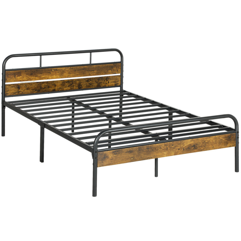 Homcom Metal Double Bed Frame With Headboard - Rustic Brown 32cm Storage Clearance No Box Spring Needed 13 Slats
