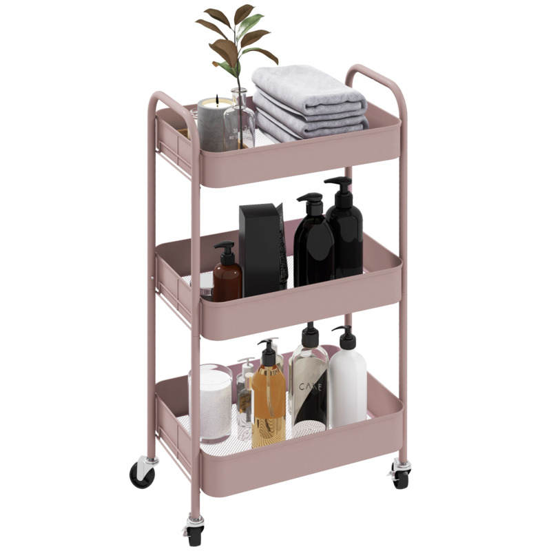 Homcom Steel Three-tier Rolling Utility Cart With 3 Mesh Baskets - Pink
