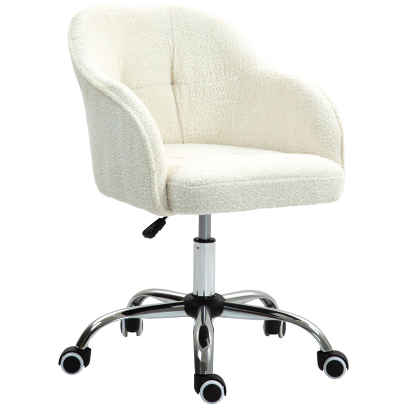 Homcom Faux Fleece Vanity Chair - Height Adjustable 46-56cm, Cream, With Wheels