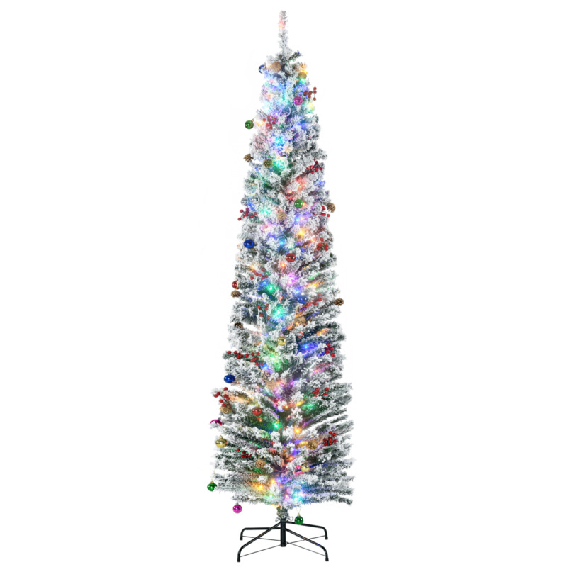 Homcom 7.5' Artificial Christmas Tree With Flocked Tips, Led Lights & Decorations