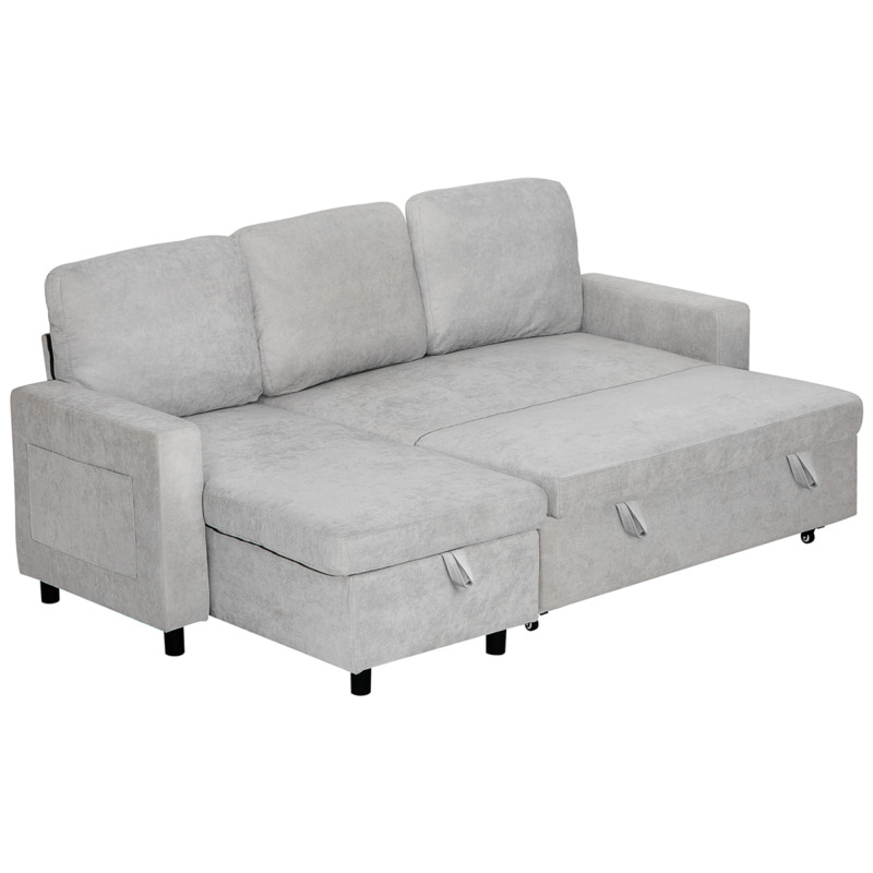 Homcom Light Grey Pull Out Sofa Bed Corner Sofa With Reversible Storage Chaise