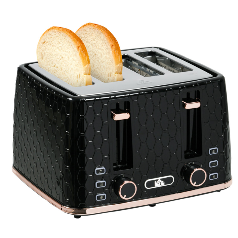 Homcom Four-slice Toaster - Black Honeycomb, 7 Browning Levels, 1600w