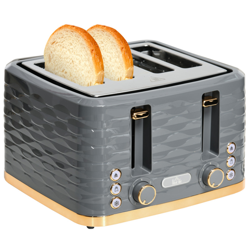 Homcom Four Slice Ripple Toaster - 7 Browning Levels, 1600w, Grey