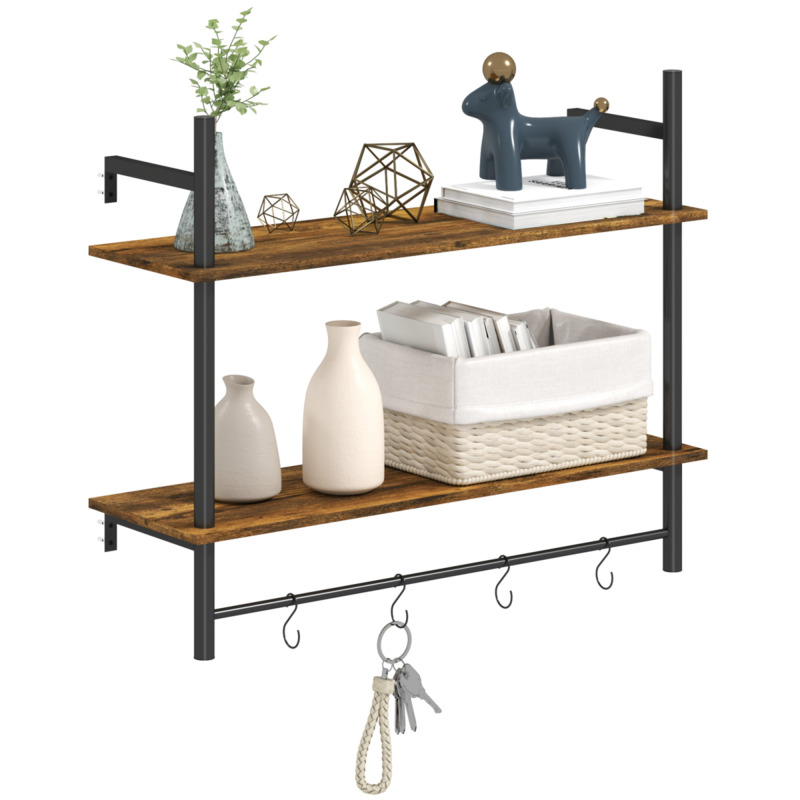 Homcom Rustic Brown Melamine Two-tier Wall Shelf Unit With 4 S-hooks