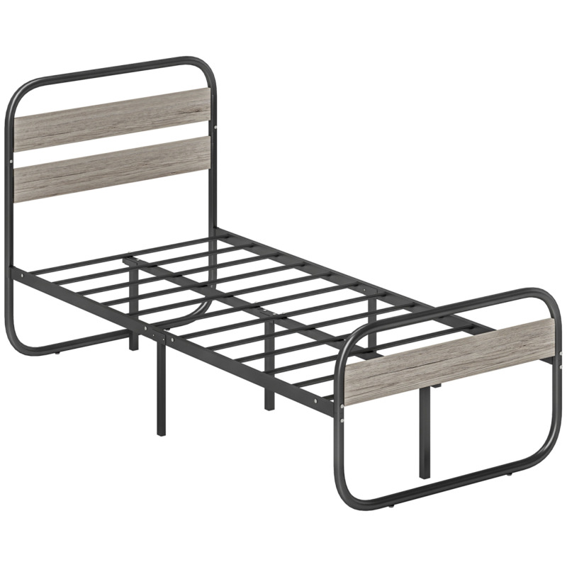 Homcom Dark Black Metal Single Bed Frame With Wood Effect Headboard - 3ft 31 5cm Underbed Storage