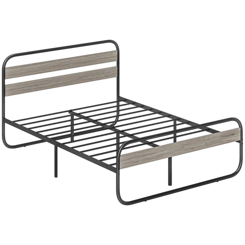 Homcom Dark Black Metal Platform Double Bed Frame - 31 5cm Under-bed Storage Wood-effect Headboard Footboard
