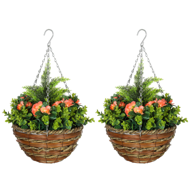 Outsunny Artificial Lisianthus Hanging Planter Basket Set Of 2 - Realistic Plastic Flowers, Orange