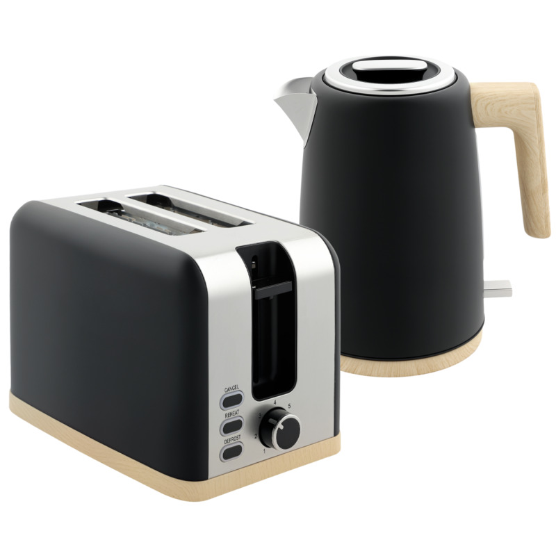 Homcom Matte Black Electric Kettle 1.7l & 2 Slice Toaster Set - Rapid Boil 3000w, 7 Browning Levels