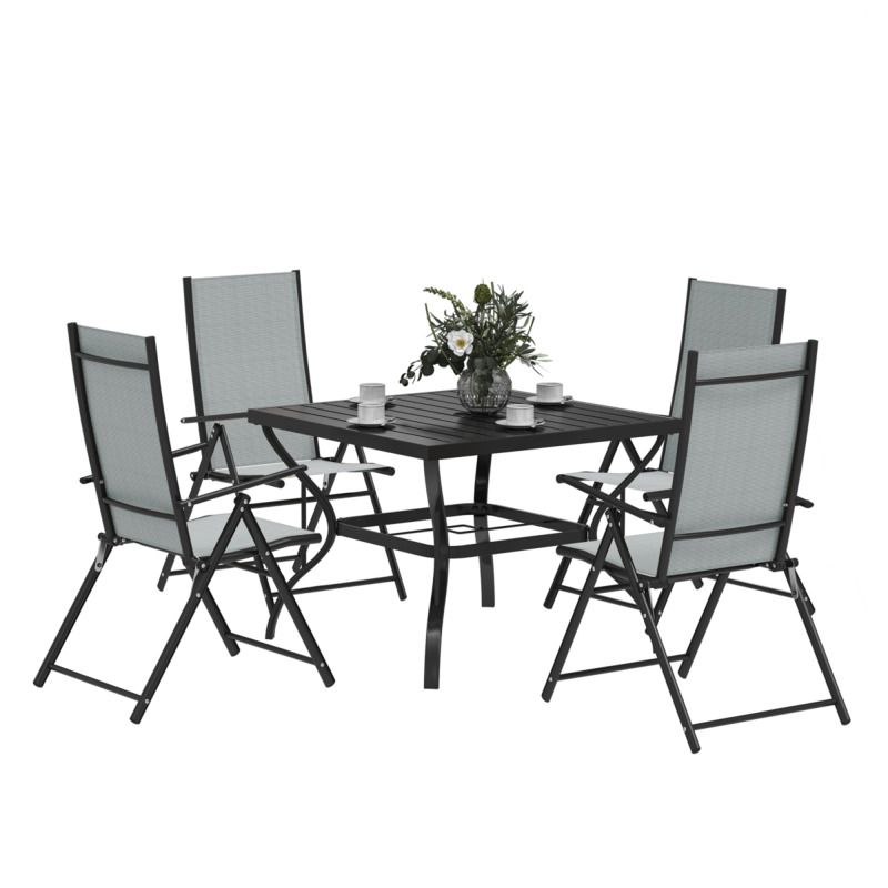 Outsunny 5 Piece Garden Dining Set - Powder-coated Galvanised Steel Frames, Folding Texteline Chairs, Parasol Hole Table - Grey