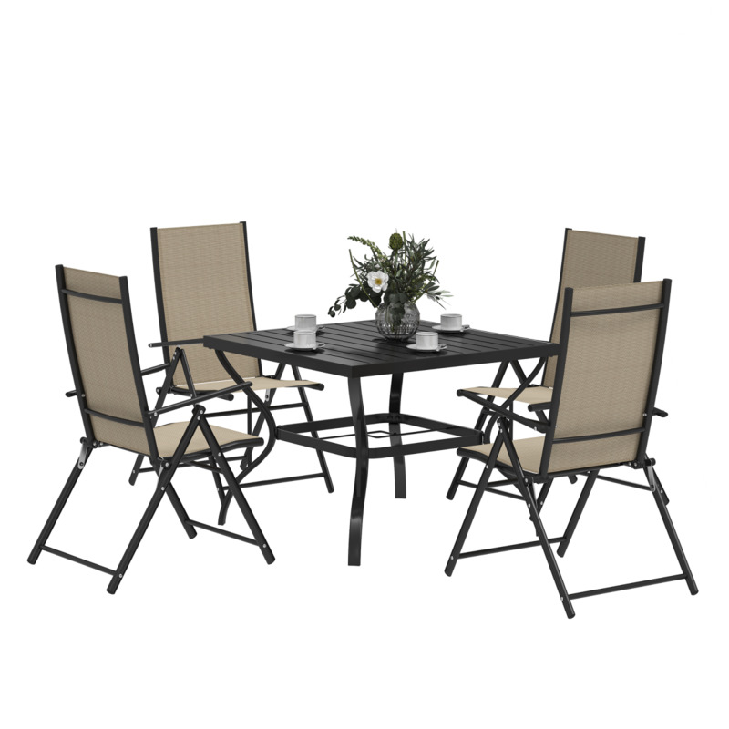 Outsunny 5 Piece Garden Dining Set With Folding Texteline Chairs & Metal Table - Khaki, Φ50mm Parasol Hole