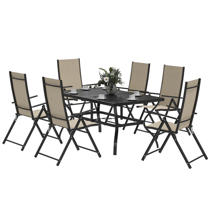 Outsunny Galvanised Steel Garden Dining Set With 4 Folding Texteline Chairs - Khaki